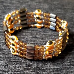 Hematite Magnetic Beaded Wrap Bracelet Evil Eye Brown Crystal Beads Necklace